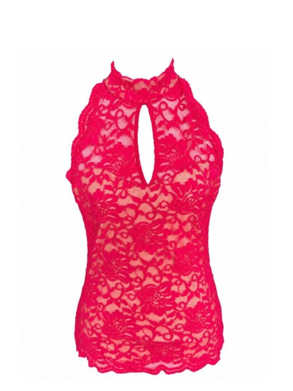 Red lace halter top with floral pattern and scalloped hem. Keyhole at front neck
